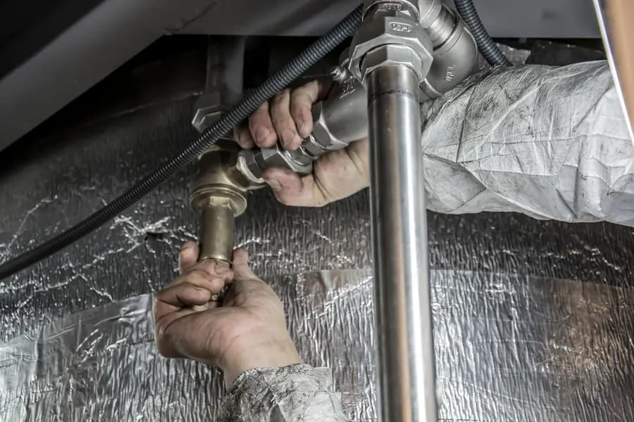 Close-up of hands installing steel pipe fittings