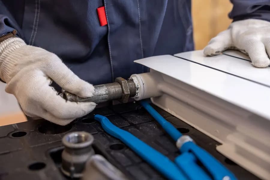 Hands fitting a radiator pipe