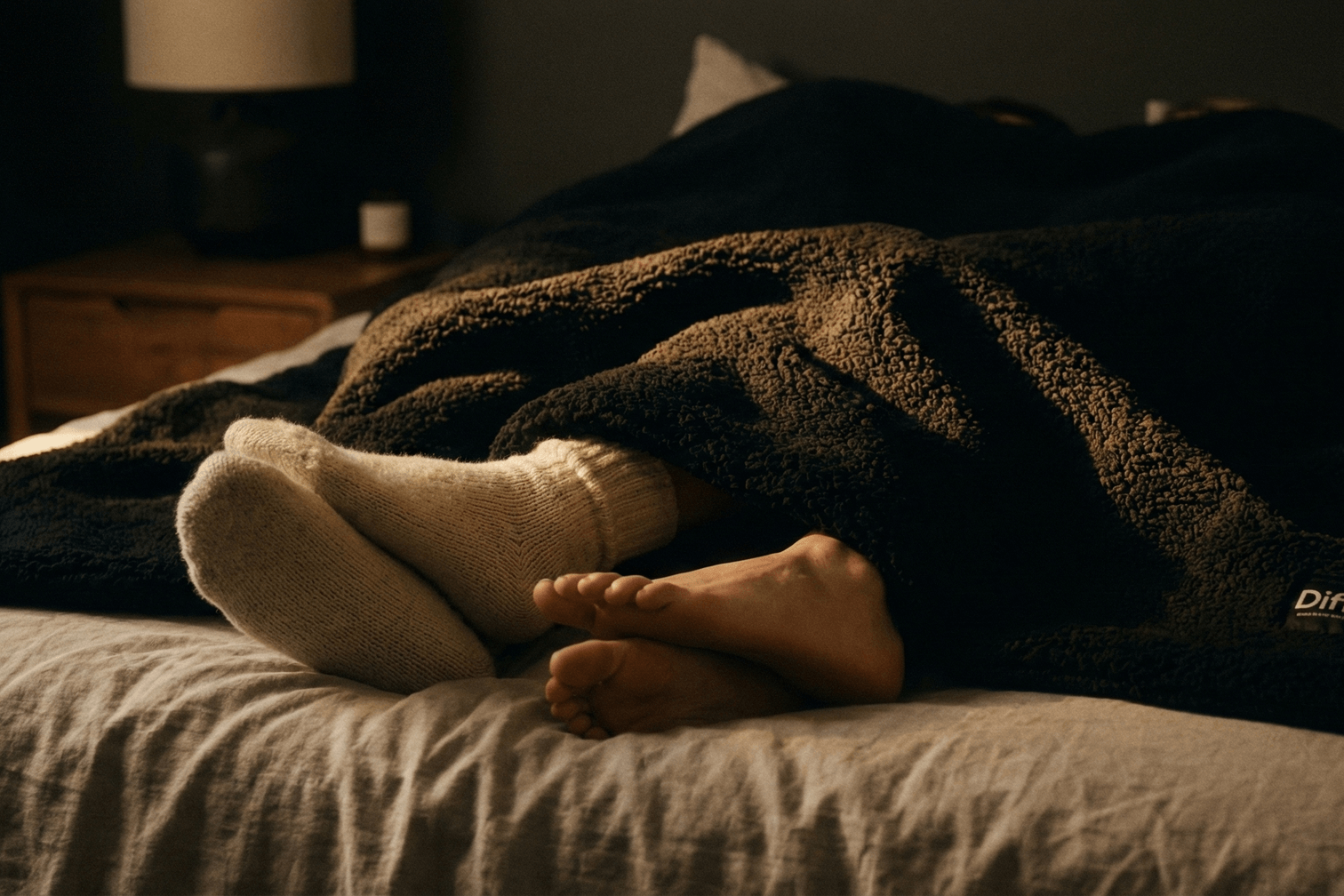 Person lying in bed under a blanket with a dark room setting